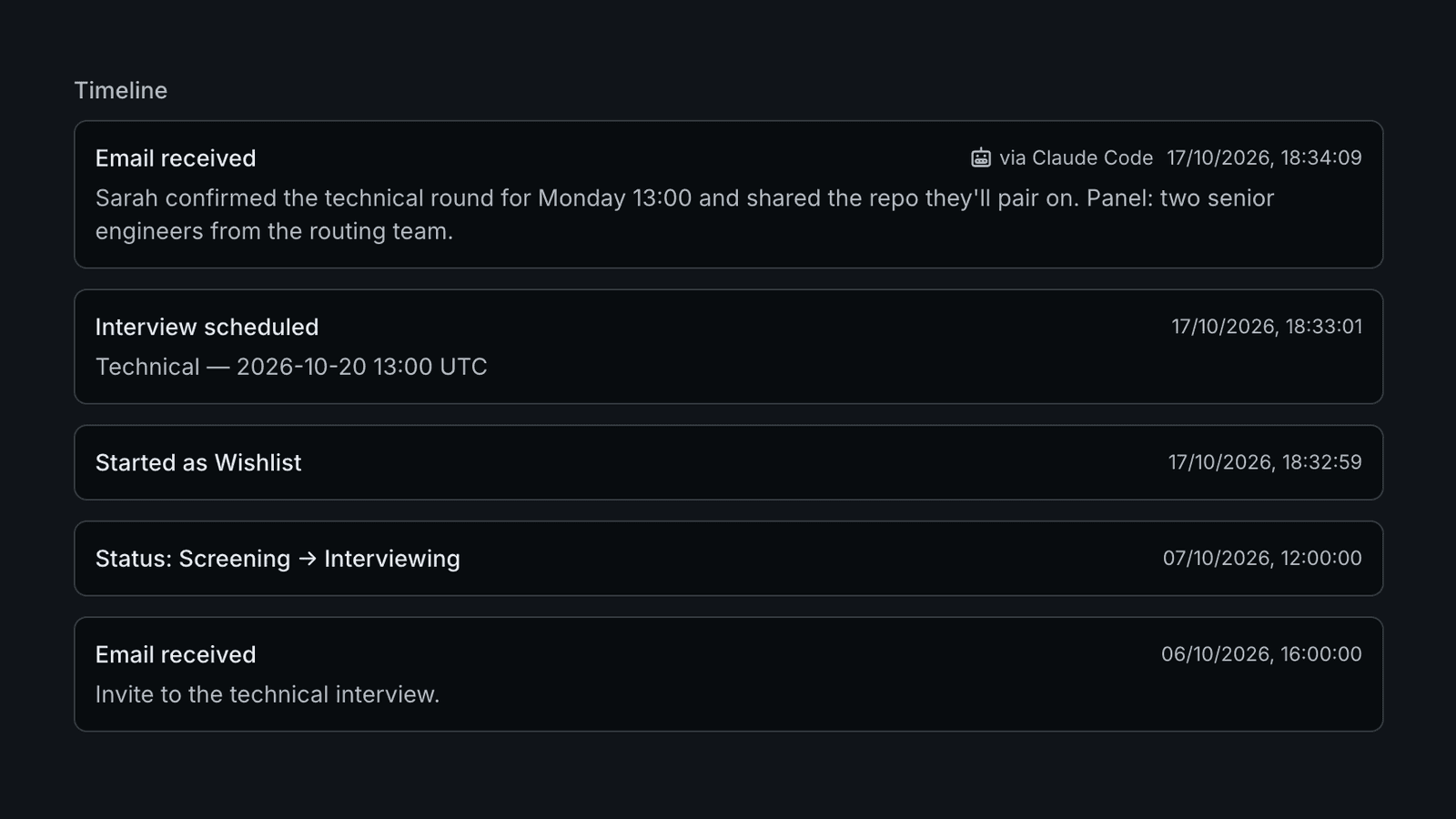 Cairn application timeline with an email entry logged via Claude Code